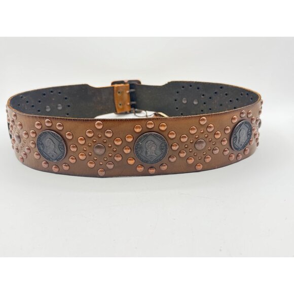 Vintage Leather Belt With Faux Coin and Studs Decor By Linea Pelle Boho Tan main image 5